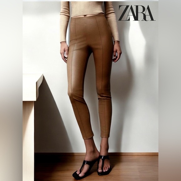 ZARA, High-Waisted Faux Leather Leggings, Small, Brown - Picture 1 of 11